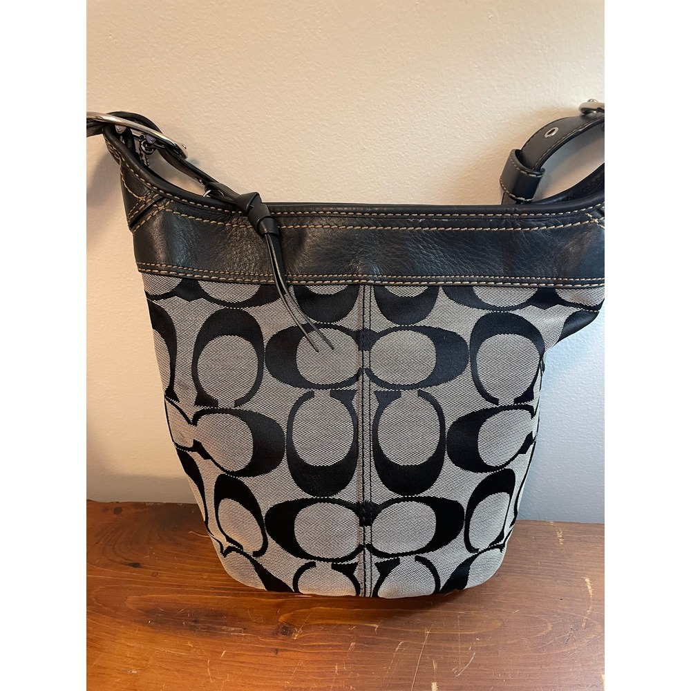 COACH Black & Gray Signature Canvas Leather Trim‎ Hobo Crossbody Bag F13358 GUC - Picture 4 of 11